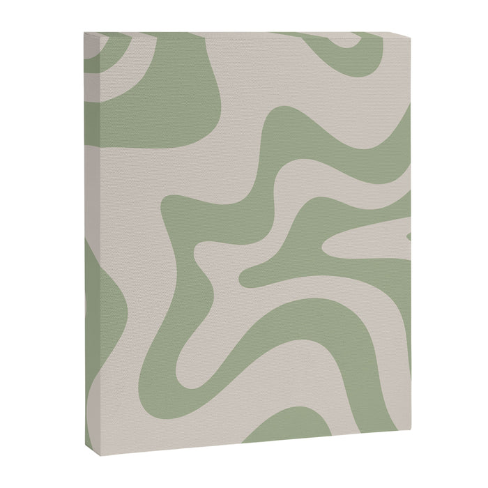 Retro Liquid Swirl Abstract Pattern Square Sage Green and Almond Beige Canvas Print Gallery Image 1
