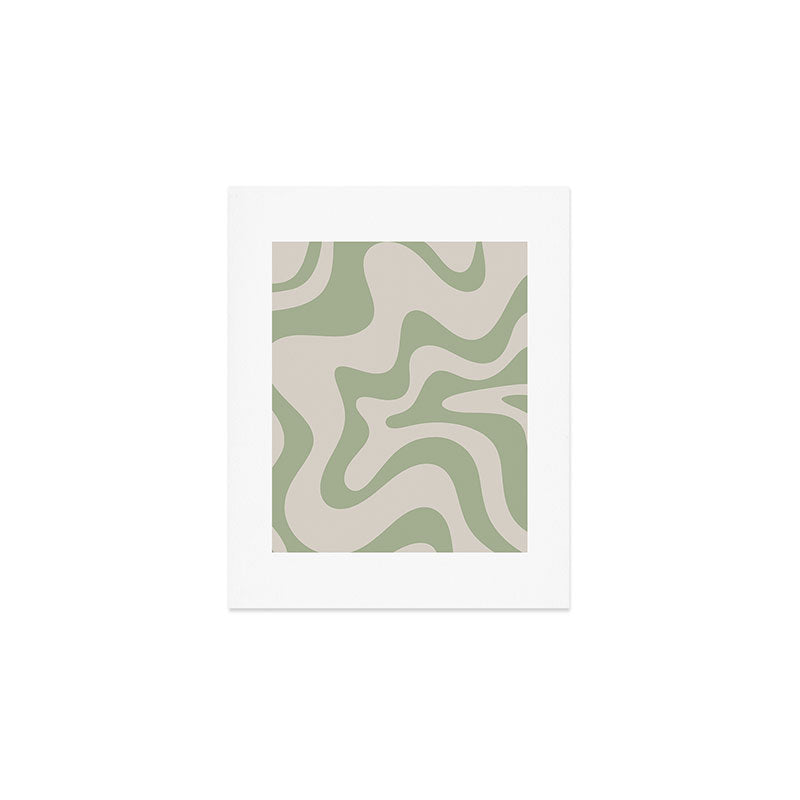Retro Liquid Swirl Abstract Pattern Square Sage Green and Almond Beige Art Print Gallery Image 1