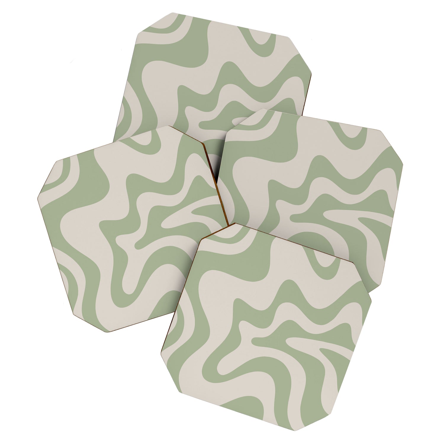 Retro Liquid Swirl Abstract Pattern Square Sage Green and Almond Beige Coaster Gallery Image 1