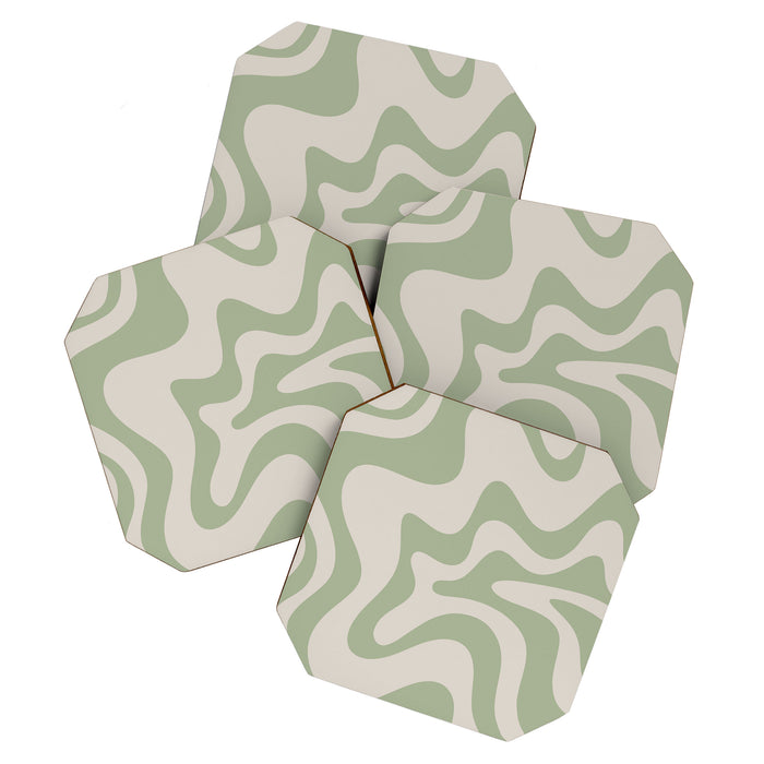 Retro Liquid Swirl Abstract Pattern Square Sage Green and Almond Beige Coaster Gallery Image 1