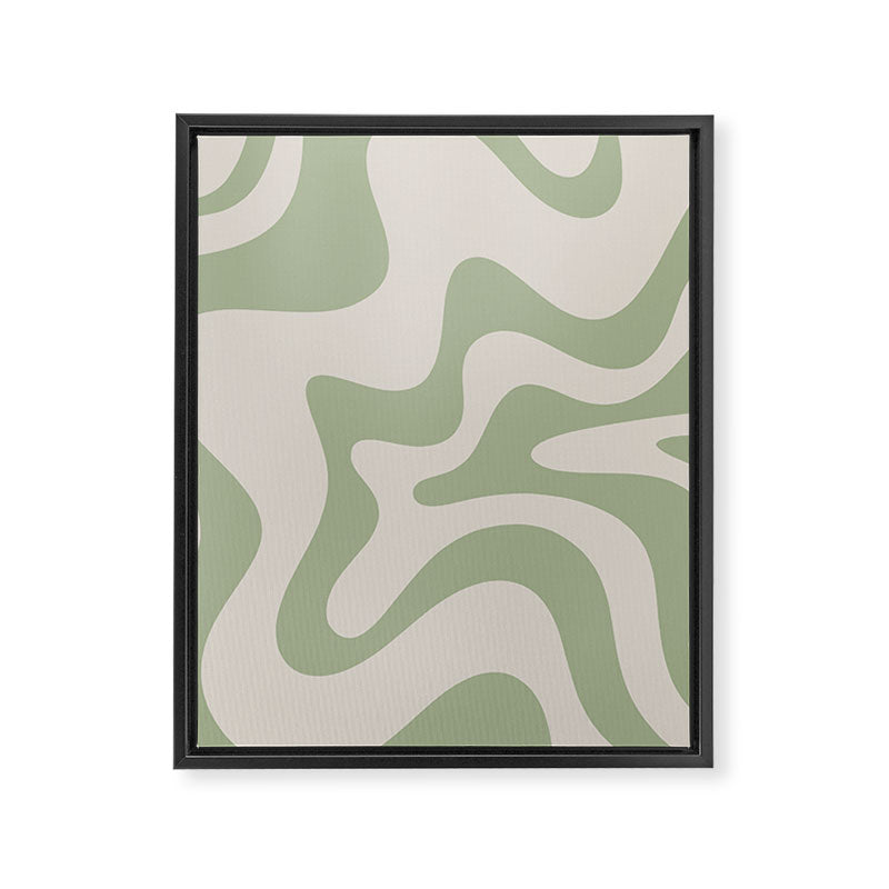 Retro Liquid Swirl Abstract Pattern Square Sage Green and Almond Beige Framed Canvas Print Gallery Image 8