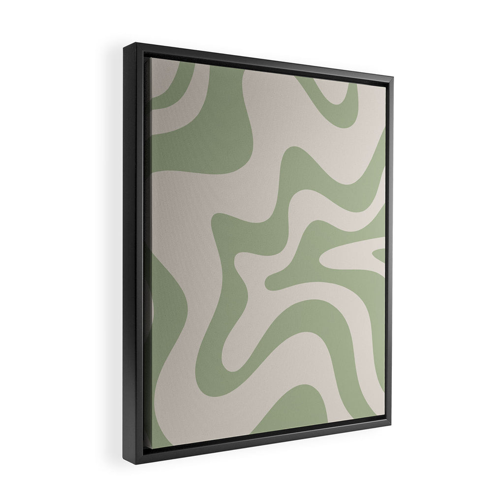 Retro Liquid Swirl Abstract Pattern Square Sage Green and Almond Beige Framed Canvas Print Gallery Image 2