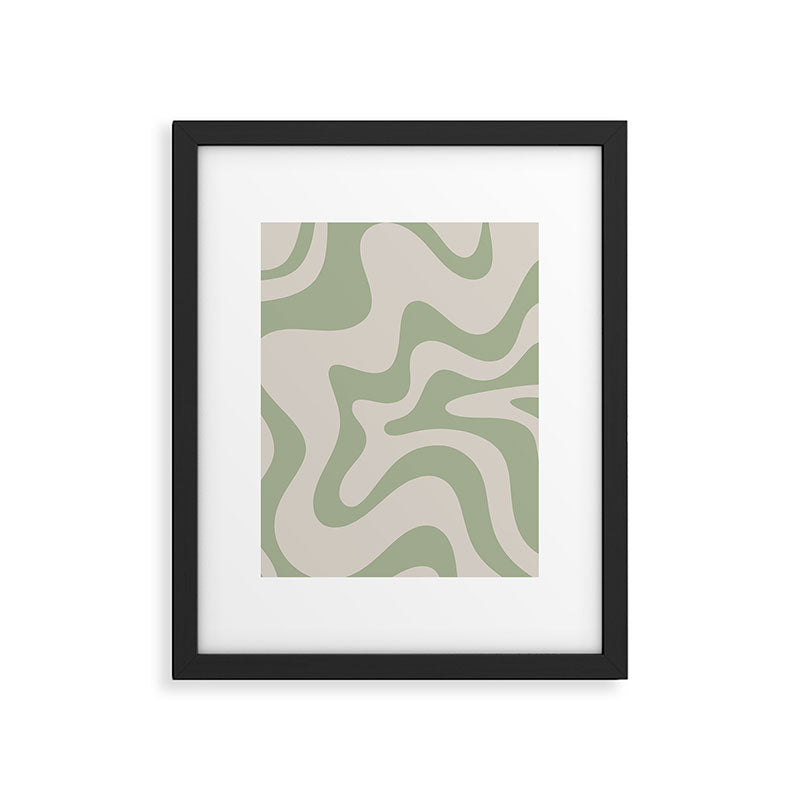Retro Liquid Swirl Abstract Pattern Square Sage Green and Almond Beige Framed Art Print Gallery Image 6