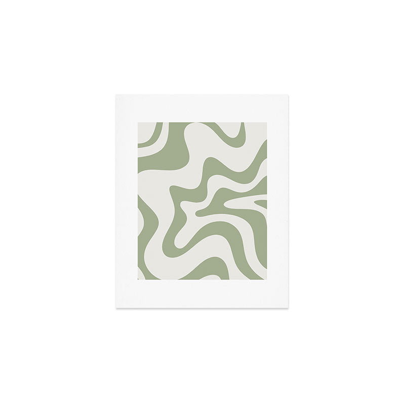 Retro Liquid Swirl Abstract Pattern Square Sage Green and Nearly White Art Print Gallery Image 1