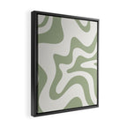 Retro Liquid Swirl Abstract Pattern Square Sage Green and Nearly White Framed Canvas Print Gallery Image 2