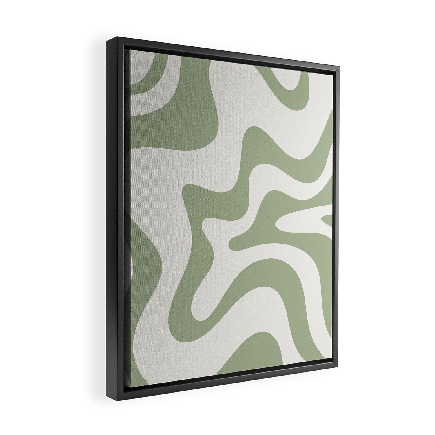Retro Liquid Swirl Abstract Pattern Square Sage Green and Nearly White Framed Canvas Print Gallery Image 2