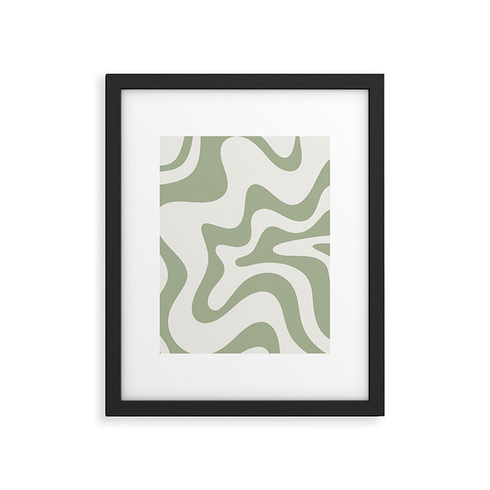 Retro Liquid Swirl Abstract Pattern Square Sage Green and Nearly White Framed Art Print Gallery Image 1