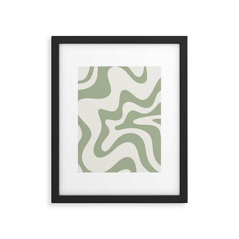 Retro Liquid Swirl Abstract Pattern Square Sage Green and Nearly White Framed Art Print Gallery Image 6