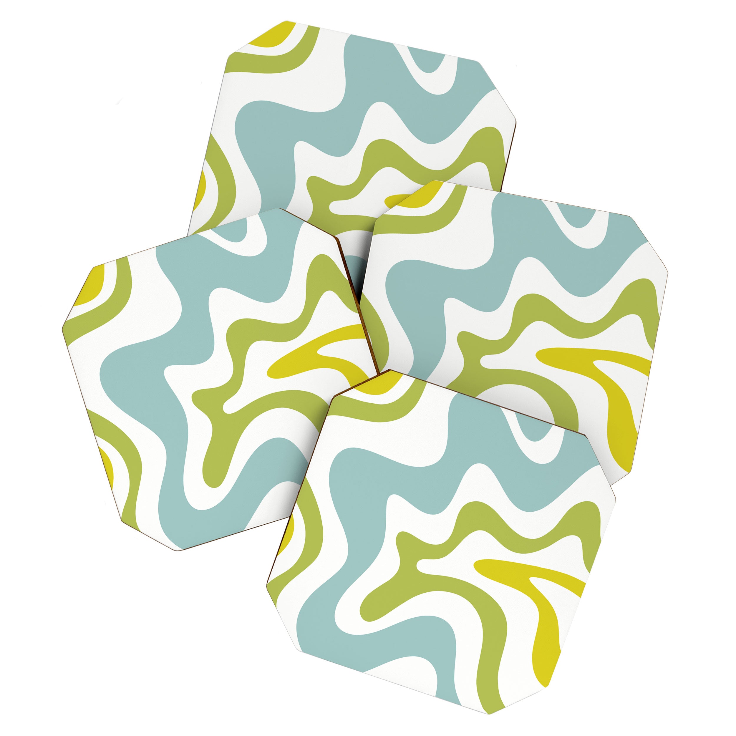Retro Liquid Swirl Abstract Pattern Square Spring Green Ice Blue White  Coaster Gallery Image 1