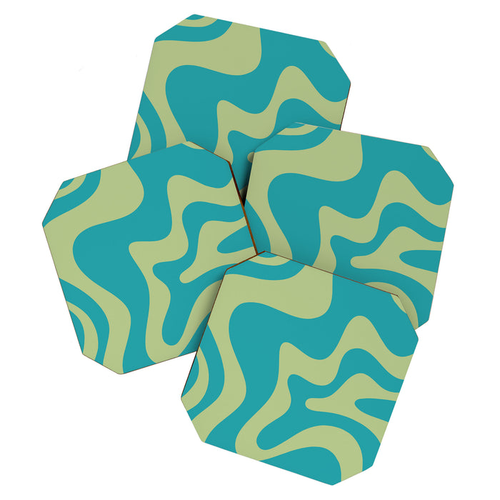 Retro Liquid Swirl Abstract Pattern Teal Blue and Celery Sage Green Coaster Gallery Image 1