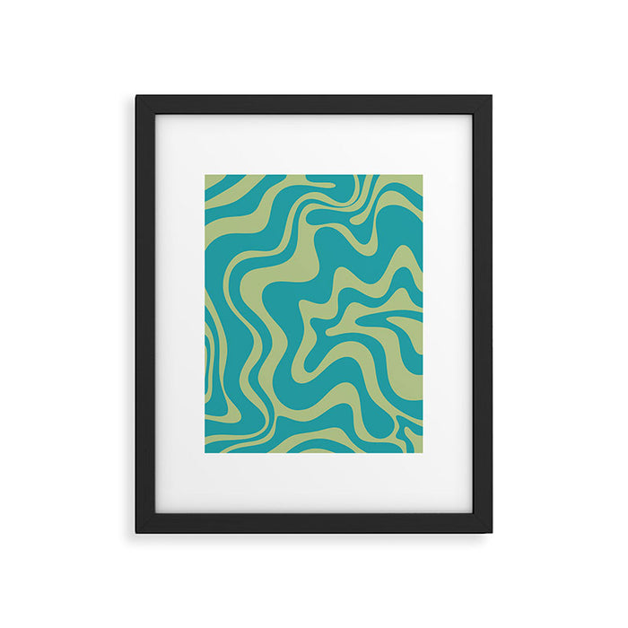 Retro Liquid Swirl Abstract Pattern Teal Blue and Celery Sage Green Framed Art Print Gallery Image 1