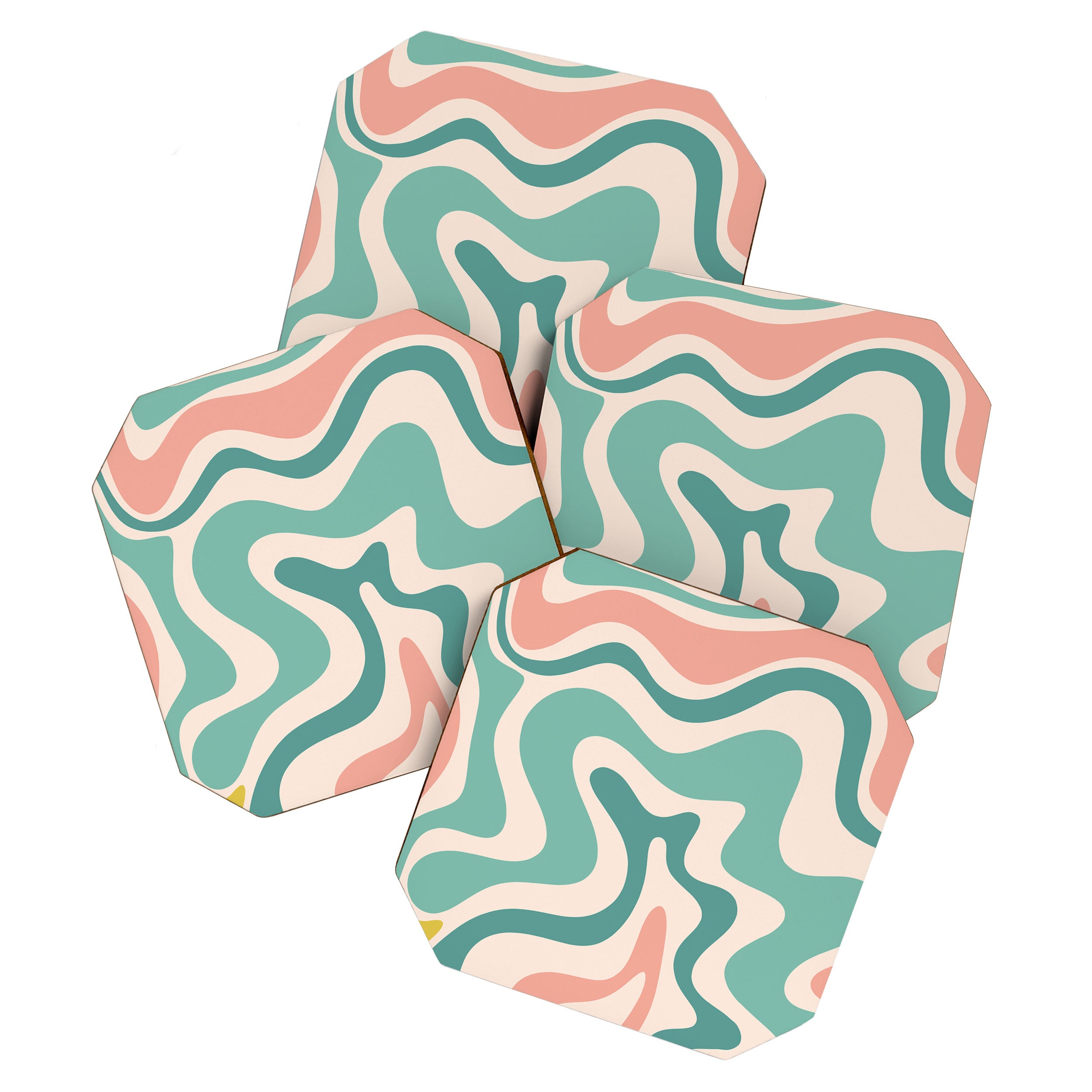 Retro Liquid Swirl Abstract Pattern Teal Blush Pink Mustard 4 Coaster Gallery Image 1