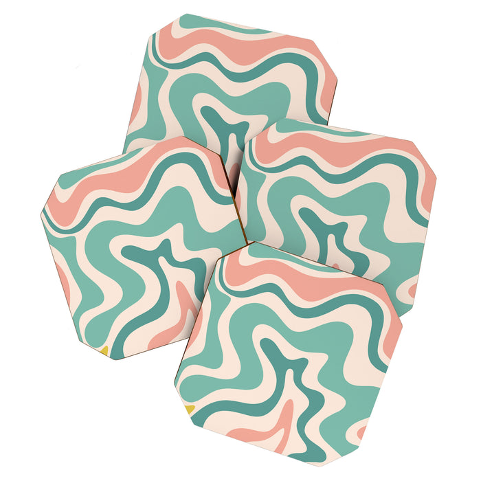 Retro Liquid Swirl Abstract Pattern Teal Blush Pink Mustard 4 Coaster Gallery Image 1