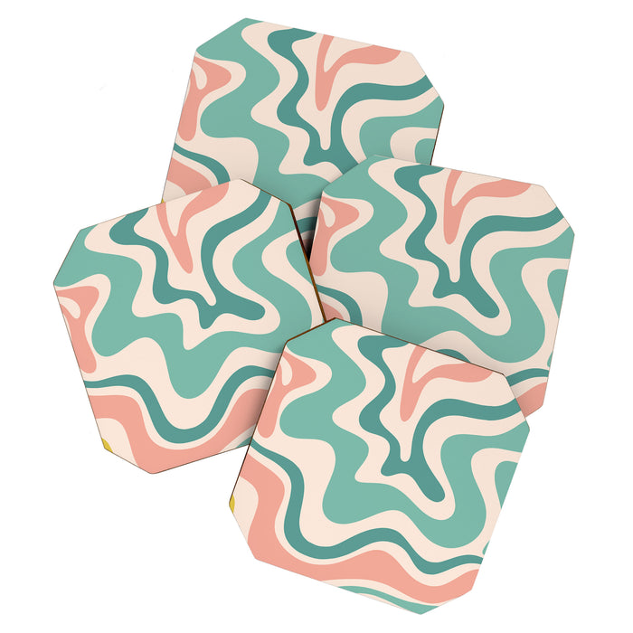 Retro Liquid Swirl Abstract Pattern Teal Blush Pink Mustard 5 Coaster Gallery Image 1