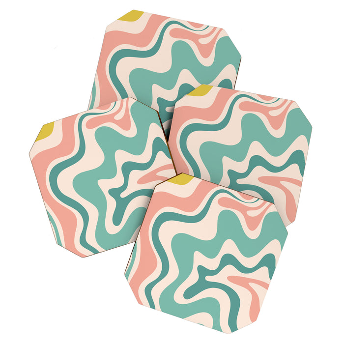 Retro Liquid Swirl Abstract Pattern Teal Blush Pink Mustard Coaster Gallery Image 1