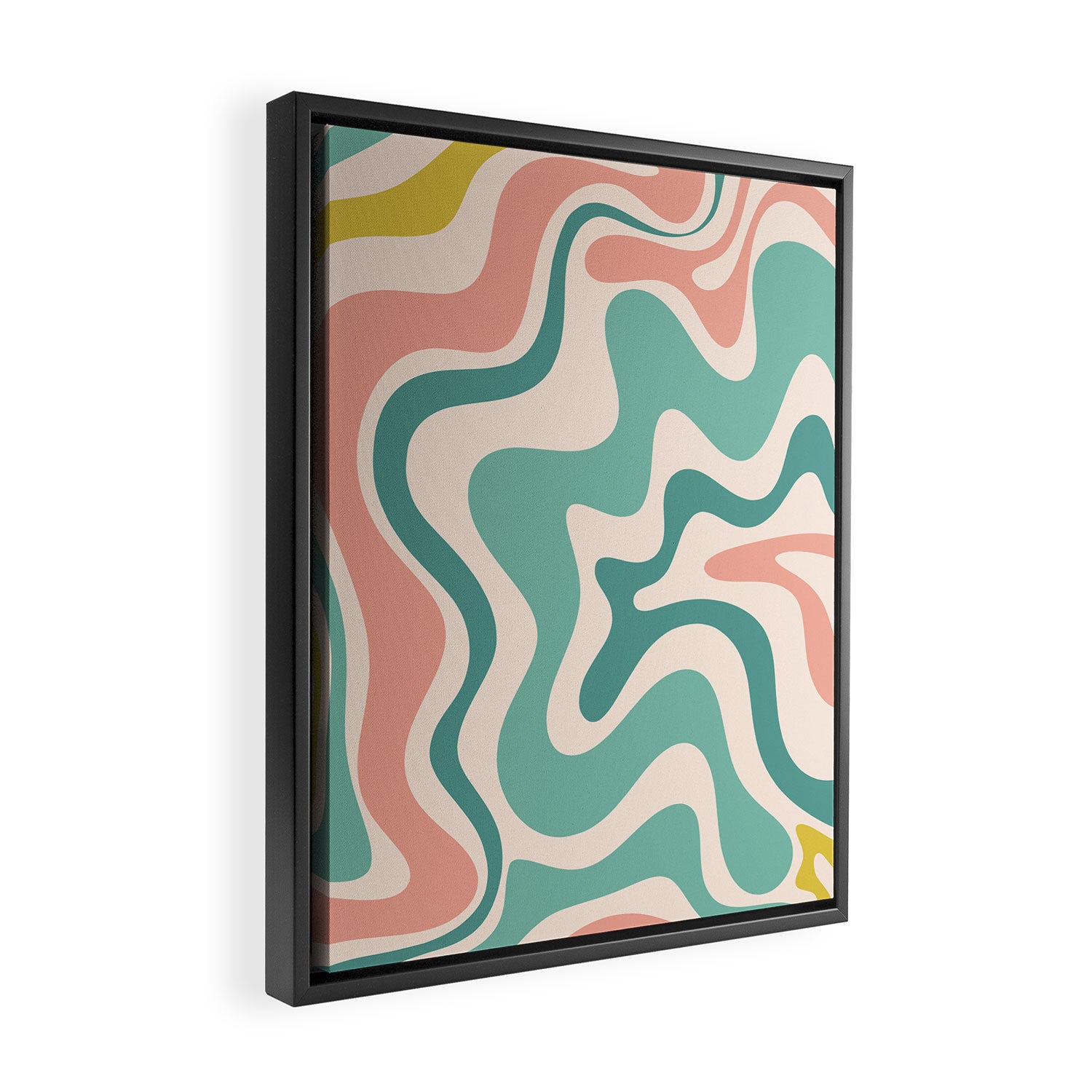 Retro Liquid Swirl Abstract Pattern Teal Blush Pink Mustard Framed Canvas Print Gallery Image 2