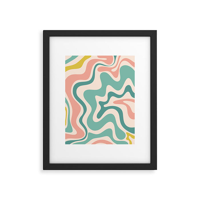 Retro Liquid Swirl Abstract Pattern Teal Blush Pink Mustard Framed Art Print Gallery Image 1