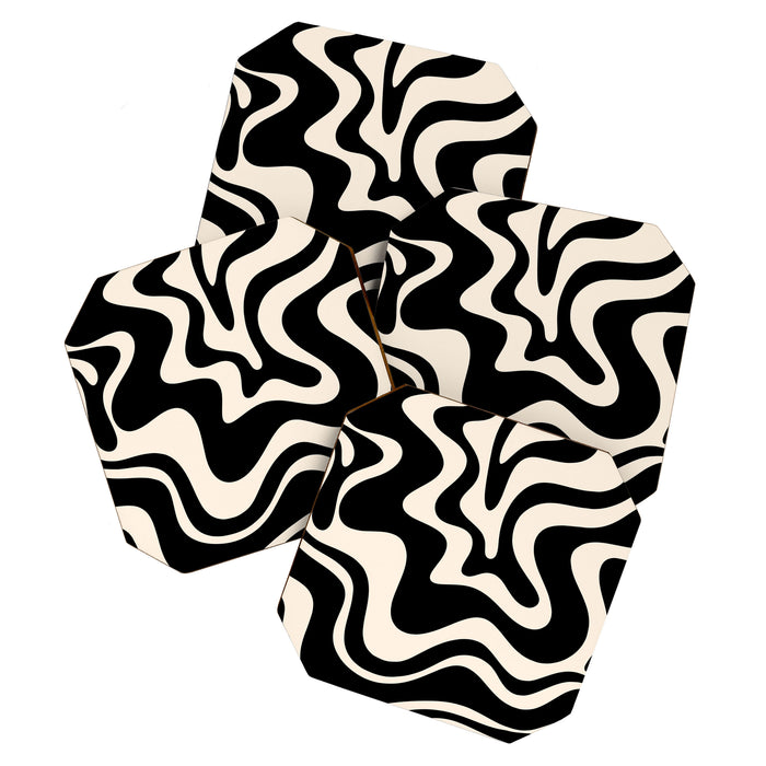 Retro Liquid Swirl Abstract Square 2 in Black and Almond Cream Coaster Gallery Image 1