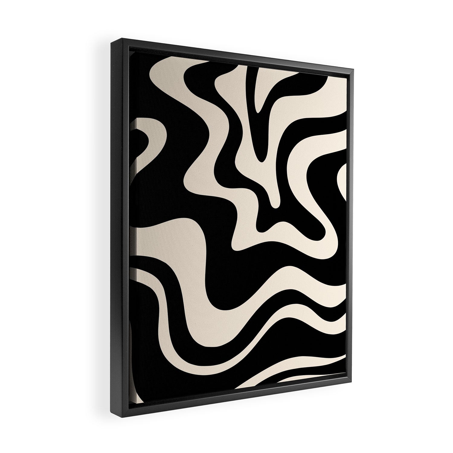 Retro Liquid Swirl Abstract Square 2 in Black and Almond Cream Framed Canvas Print Gallery Image 2
