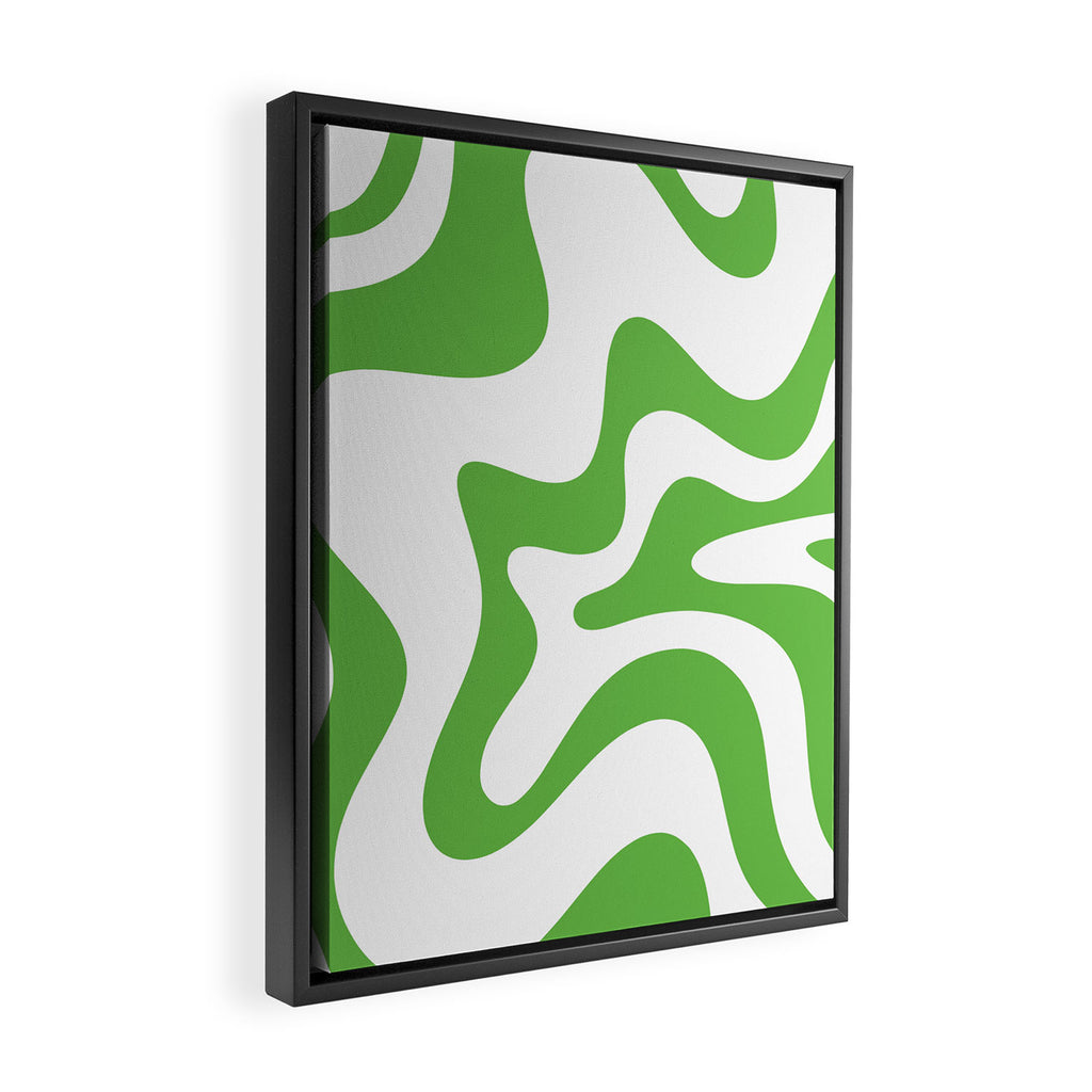 Retro Liquid Swirl Abstract Square in Bright Lime Green and White Framed Canvas Print Gallery Image 2