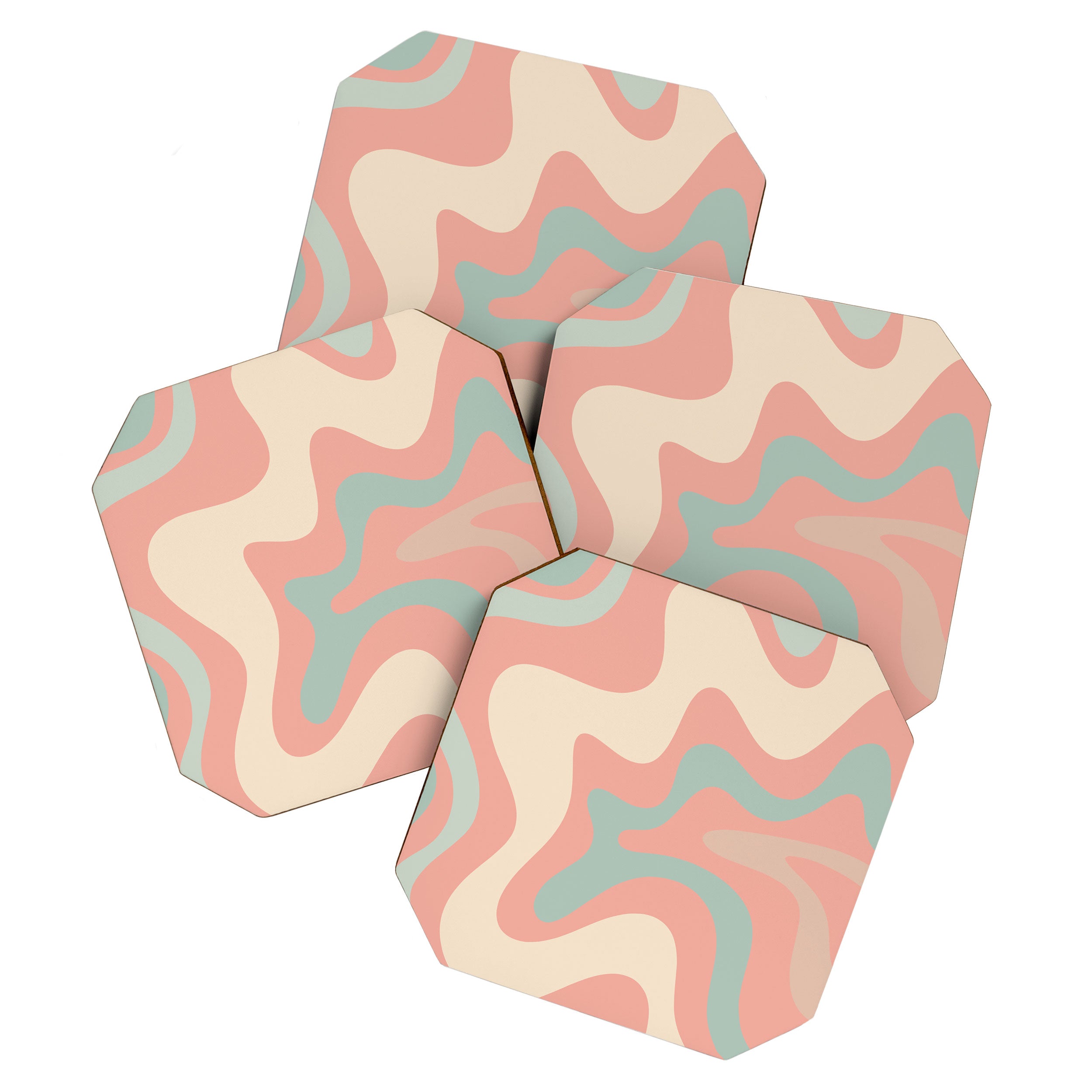 Retro Liquid Swirl Abstract Square Pattern in Pastel Blush Mint Coaster Gallery Image 1