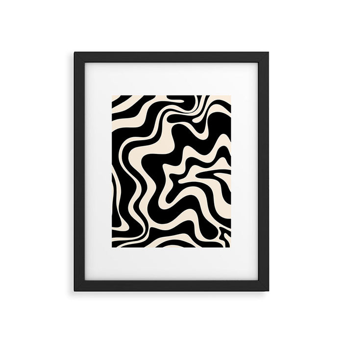 Retro Liquid Swirl Abstract in Black and Almond Cream  Framed Art Print Gallery Image 1