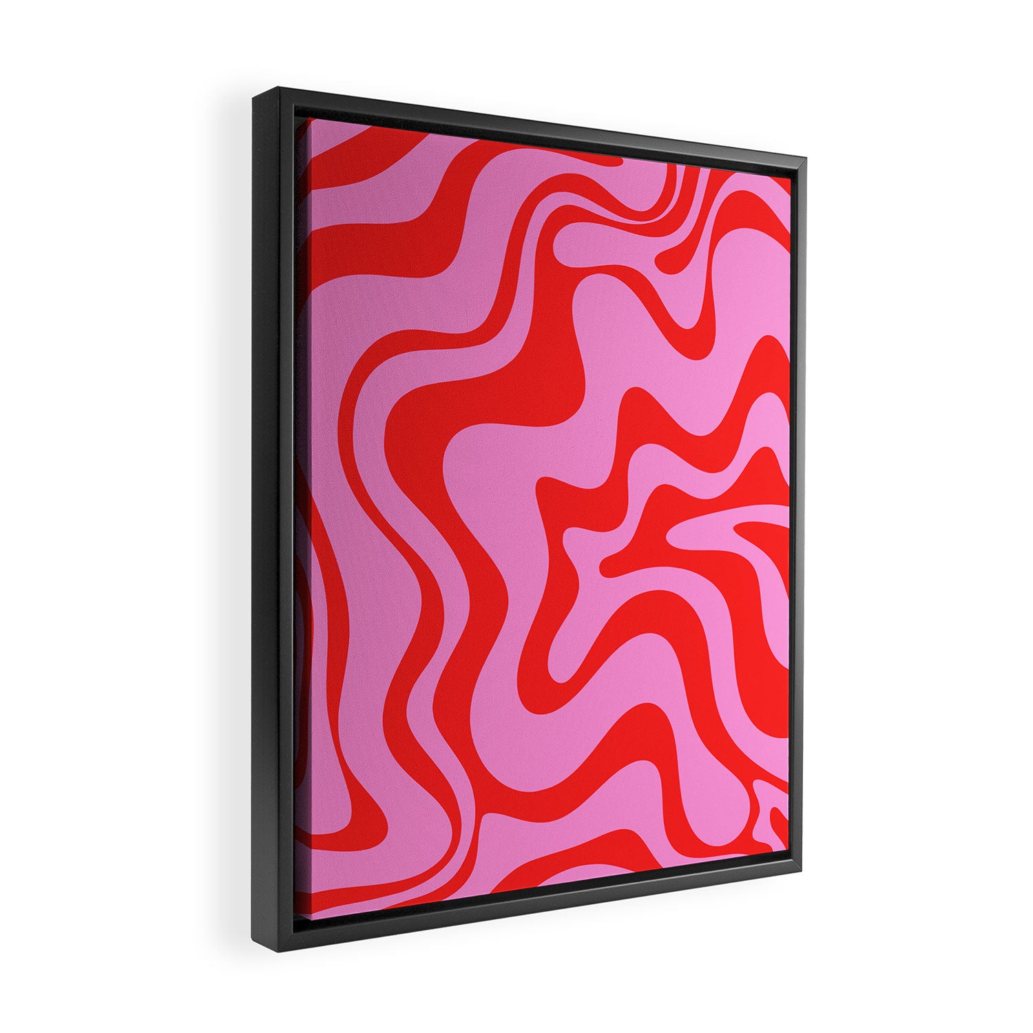 Retro Liquid Swirl Contemporary Abstract in Preppy Pink and Red Framed Canvas Print Gallery Image 2