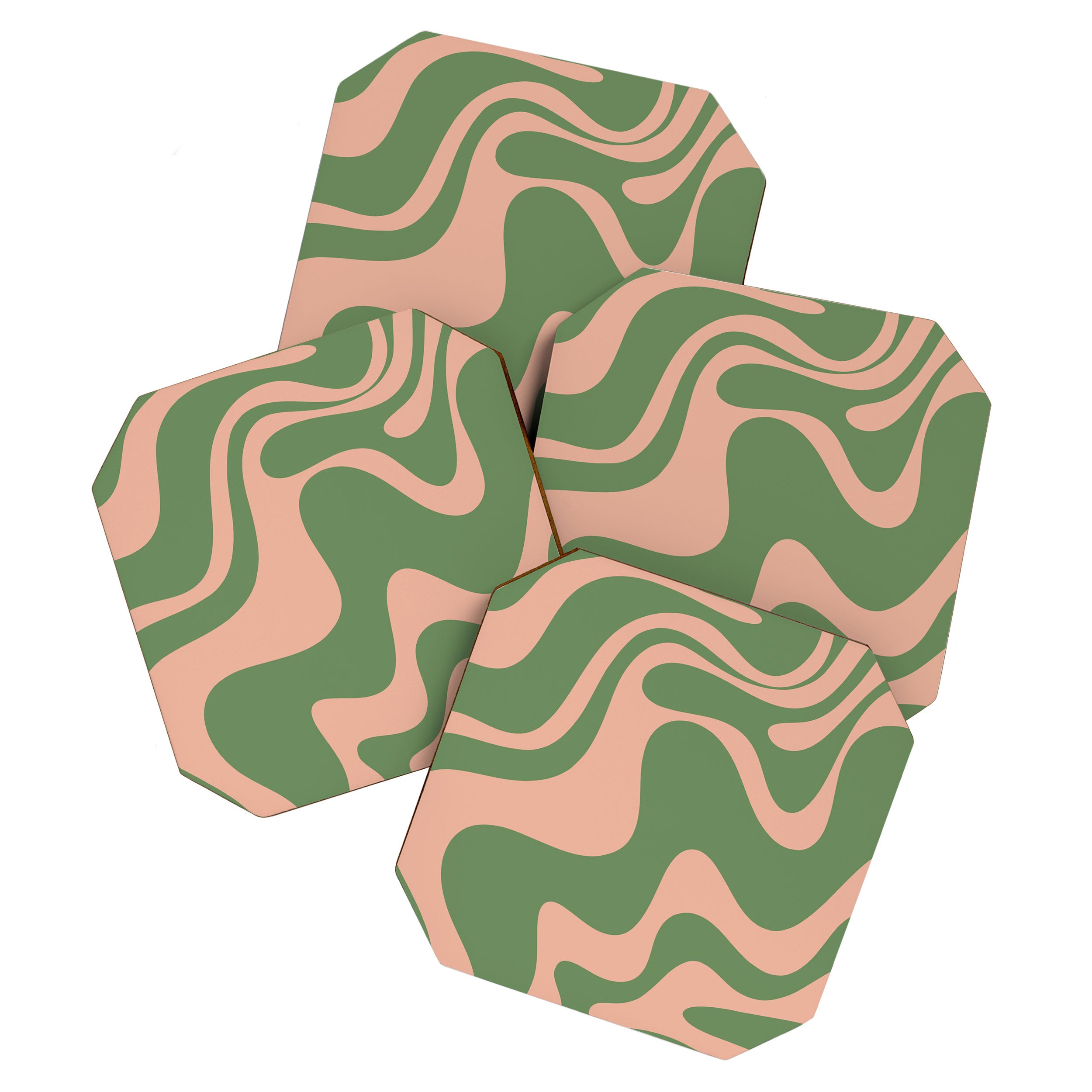 Retro Liquid Swirl Contemporary Abstract Pattern 2 in Blush Pink and Vintage Green Coaster Gallery Image 1