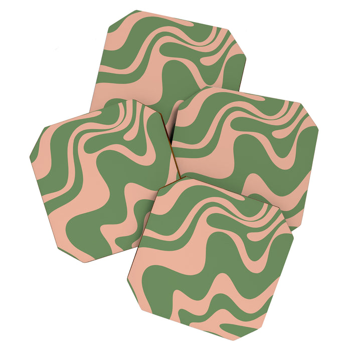 Retro Liquid Swirl Contemporary Abstract Pattern 2 in Blush Pink and Vintage Green Coaster Gallery Image 1