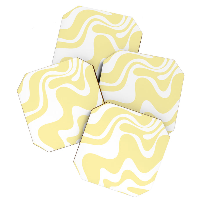Retro Liquid Swirl Contemporary Abstract Pattern 2 in Butter Yellow and White Coaster Gallery Image 1