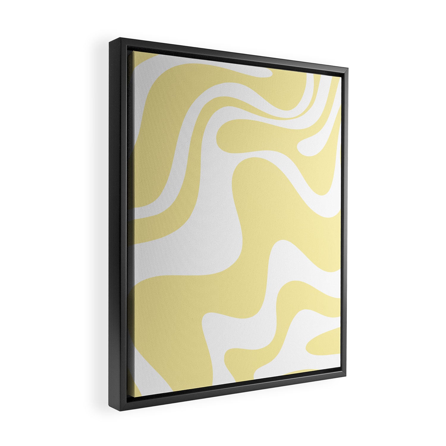 Retro Liquid Swirl Contemporary Abstract Pattern 2 in Butter Yellow and White Framed Canvas Print Gallery Image 2