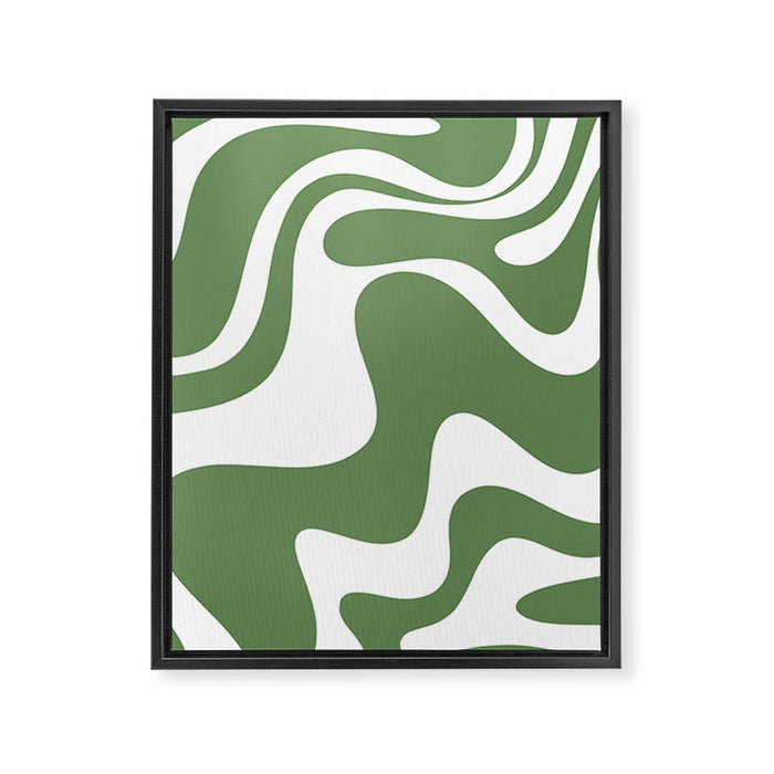 Retro Liquid Swirl Contemporary Abstract Pattern 2 in Fern Green and White Framed Canvas Print Gallery Image 1