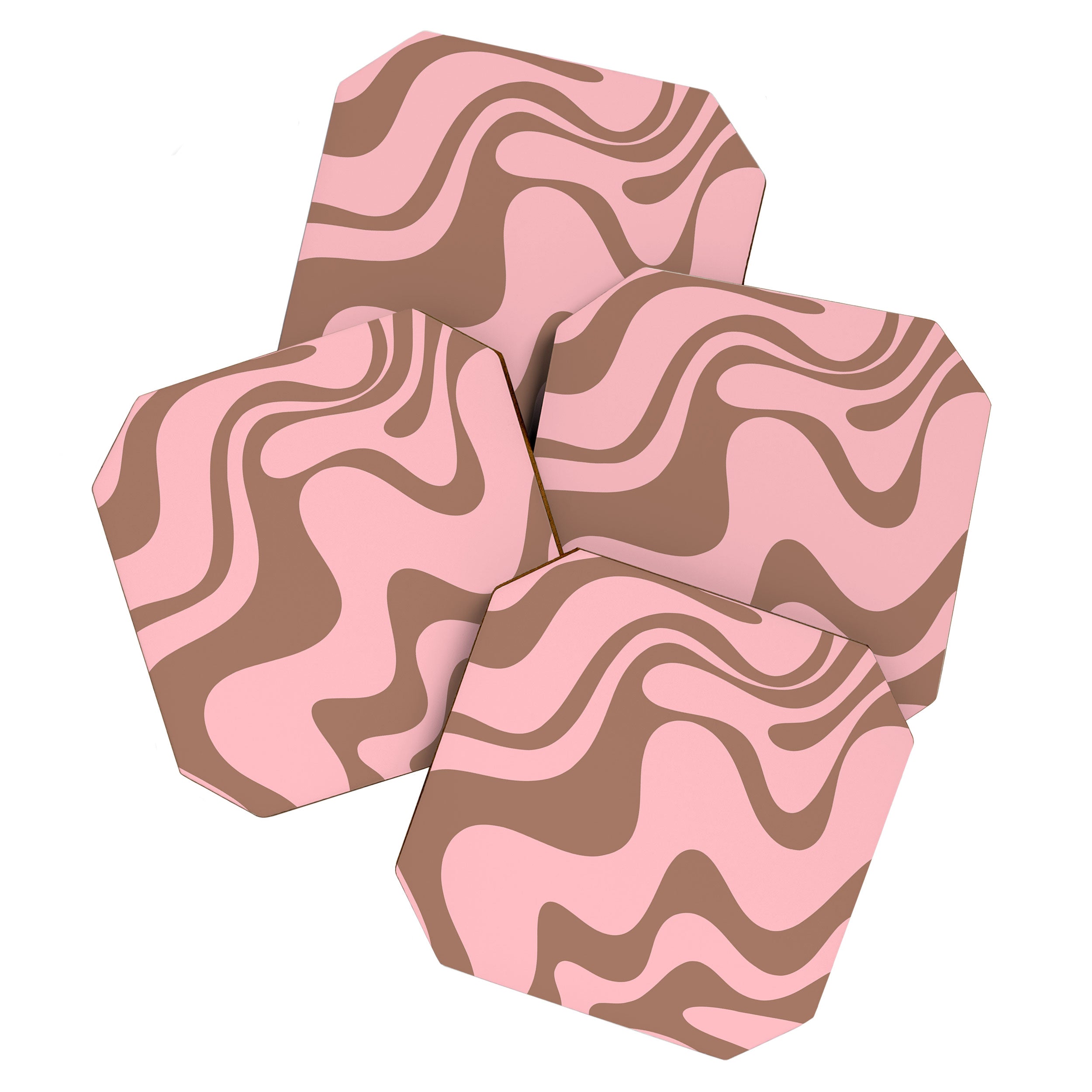 Retro Liquid Swirl Contemporary Abstract Pattern 2 in Mocha Brown and Pink Coaster Gallery Image 1