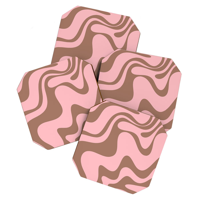 Retro Liquid Swirl Contemporary Abstract Pattern 2 in Mocha Brown and Pink Coaster Gallery Image 1