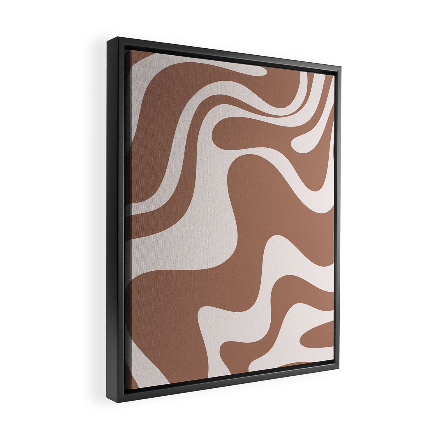 Retro Liquid Swirl Contemporary Abstract Pattern 2 in Mocha Latte Brown Framed Canvas Print Gallery Image 2