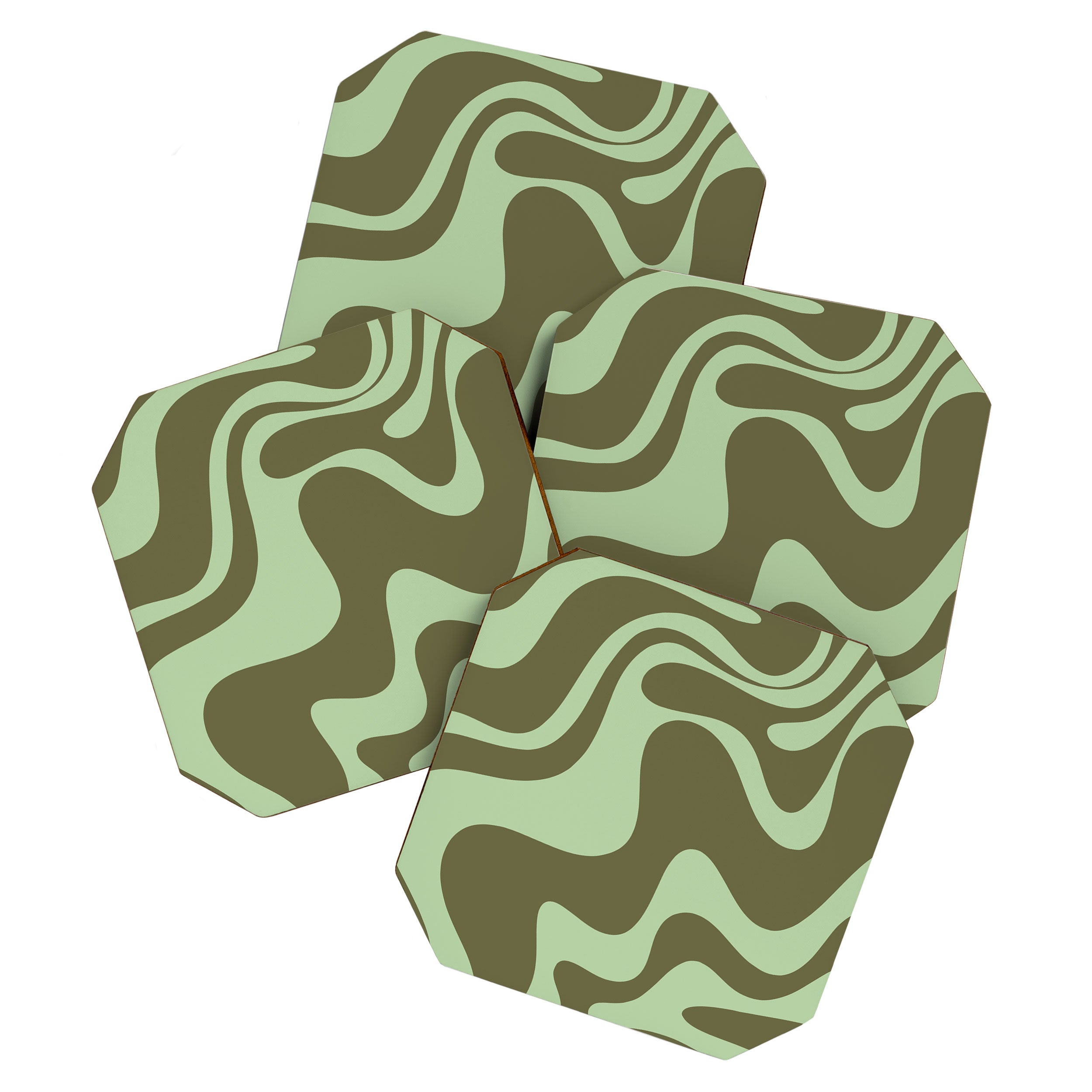 Retro Liquid Swirl Contemporary Abstract Pattern 2 in Olive Celadon Sage Green Coaster Gallery Image 1