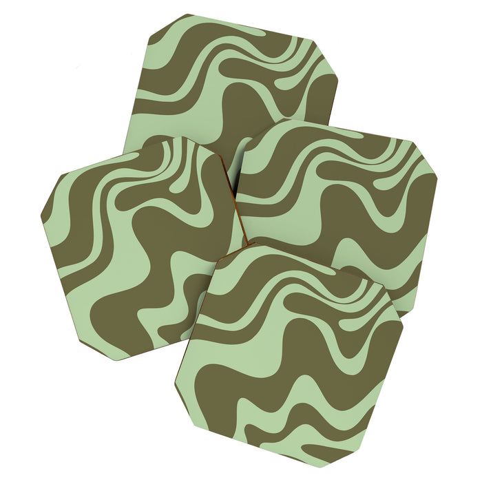 Retro Liquid Swirl Contemporary Abstract Pattern 2 in Olive Celadon Sage Green Coaster Gallery Image 1