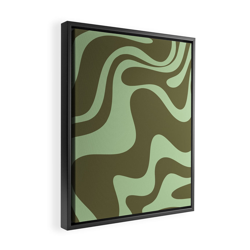 Retro Liquid Swirl Contemporary Abstract Pattern 2 in Olive Celadon Sage Green Framed Canvas Print Gallery Image 2