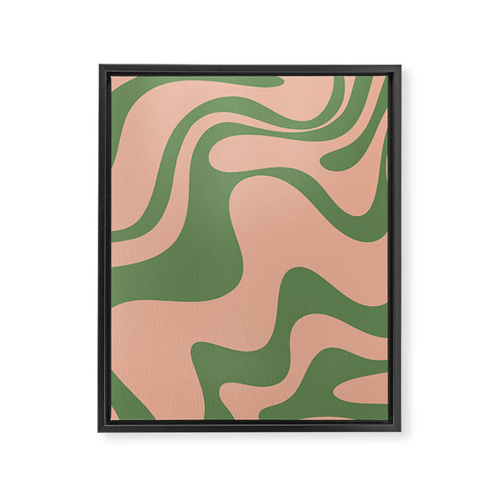 Retro Liquid Swirl Contemporary Abstract Pattern 2 in Vintage Green and Blush Pink Framed Canvas Print Gallery Image 1