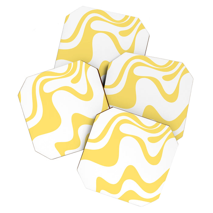 Retro Liquid Swirl Contemporary Abstract Pattern 2 in Yellow and White Coaster Gallery Image 1