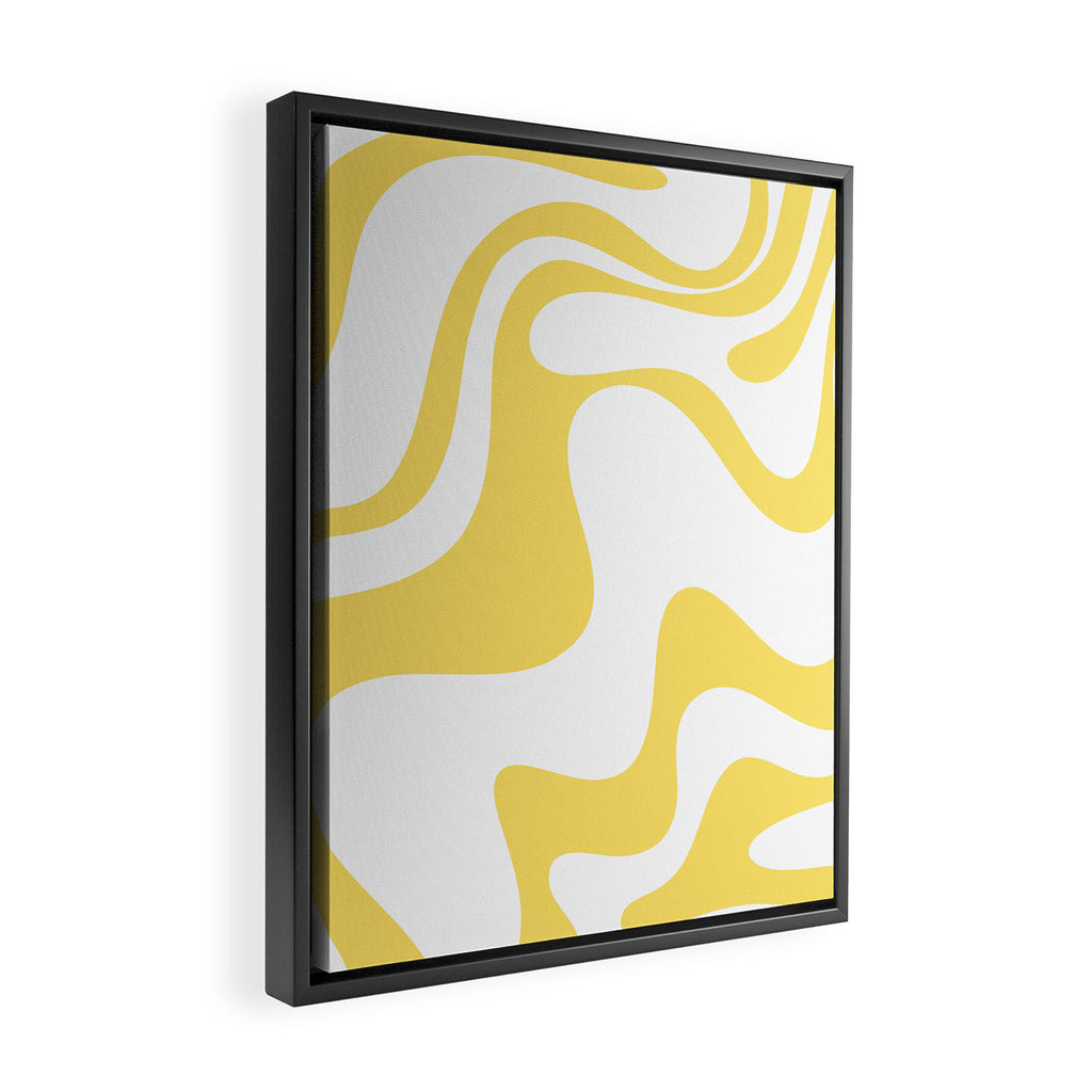 Retro Liquid Swirl Contemporary Abstract Pattern 2 in Yellow and White Framed Canvas Print Gallery Image 2