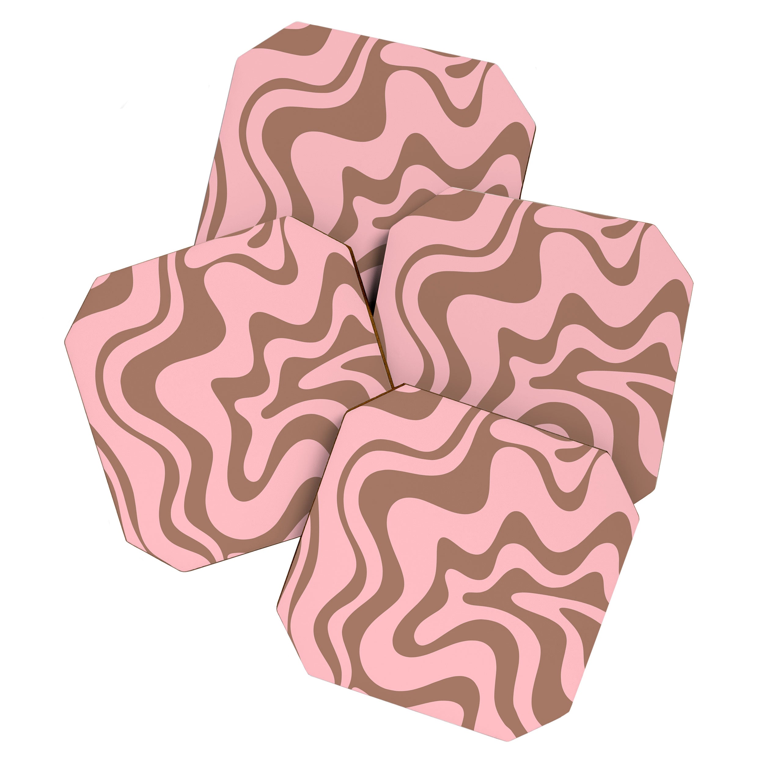 Retro Liquid Swirl Contemporary Abstract Pattern in Mocha Brown and Pink Coaster Gallery Image 1