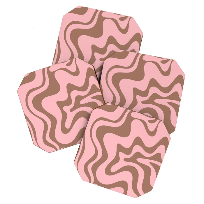 Retro Liquid Swirl Contemporary Abstract Pattern in Mocha Brown and Pink Coaster Gallery Image 1