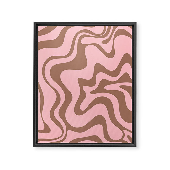 Retro Liquid Swirl Contemporary Abstract Pattern in Mocha Brown and Pink Framed Canvas Print Gallery Image 1
