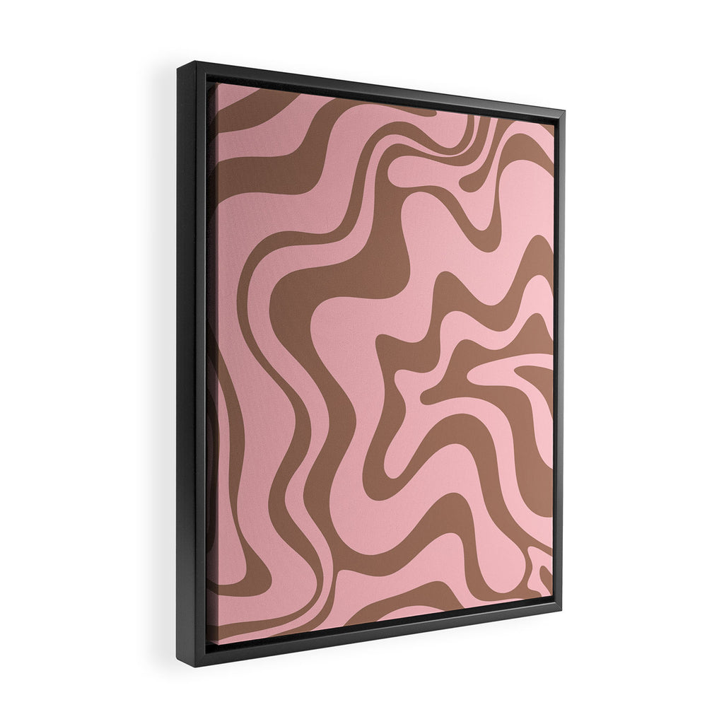 Retro Liquid Swirl Contemporary Abstract Pattern in Mocha Brown and Pink Framed Canvas Print Gallery Image 2