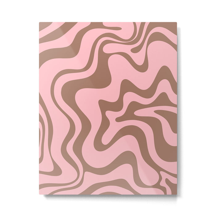 Retro Liquid Swirl Contemporary Abstract Pattern in Mocha Brown and Pink Metal Print Gallery Image 1