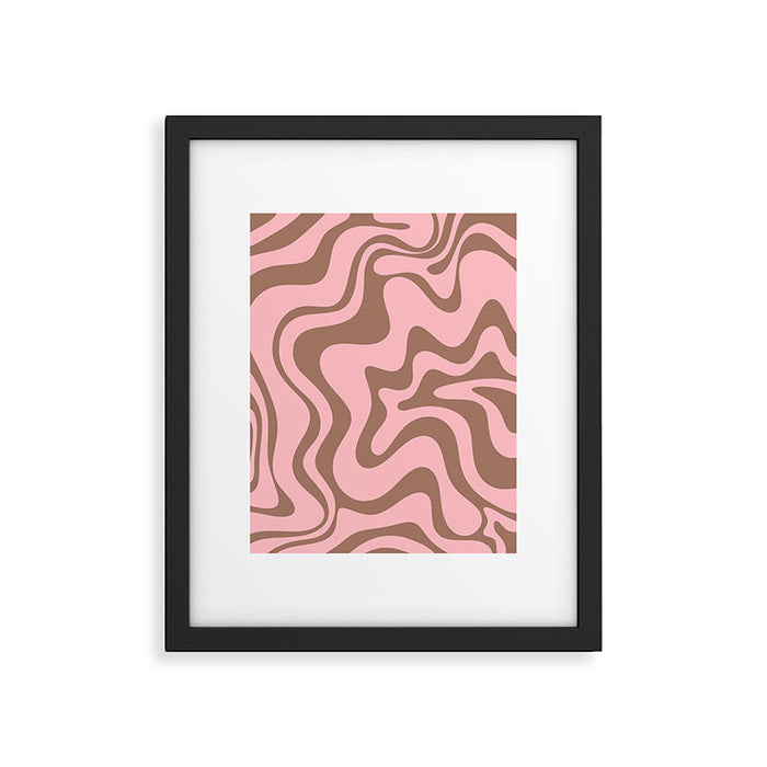 Retro Liquid Swirl Contemporary Abstract Pattern in Mocha Brown and Pink Framed Art Print Gallery Image 1