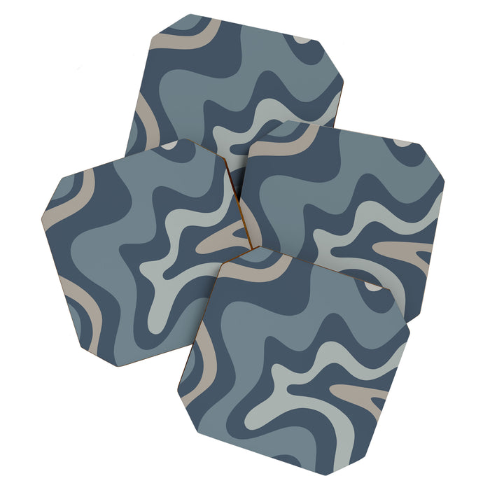 Retro Liquid Swirl Medium Square Abstract Pattern in Steel Blue-Gray Tones Coaster Gallery Image 1