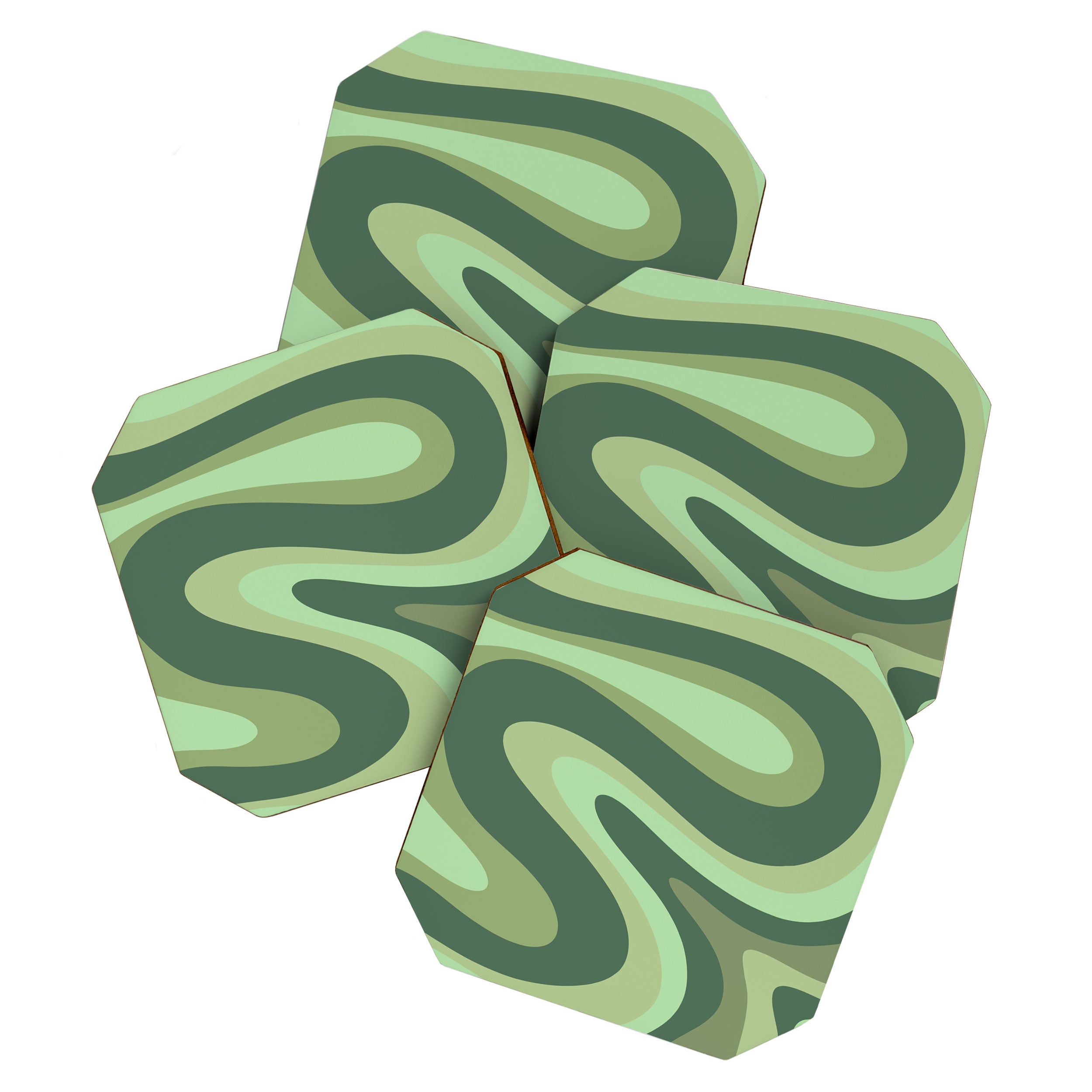Retro Liquid Swirls Abstract Pattern in Basil and Mint Green Coaster Gallery Image 1