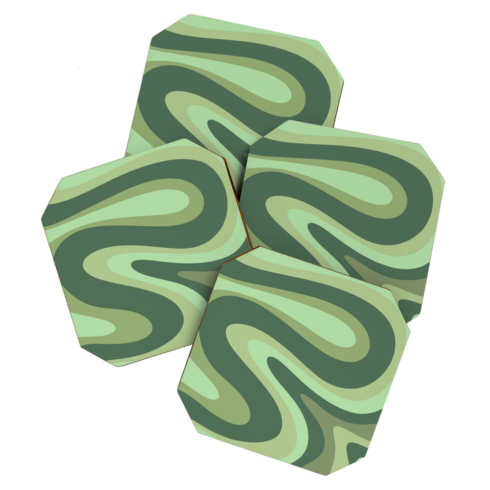 Retro Liquid Swirls Abstract Pattern in Basil and Mint Green Coaster Gallery Image 1